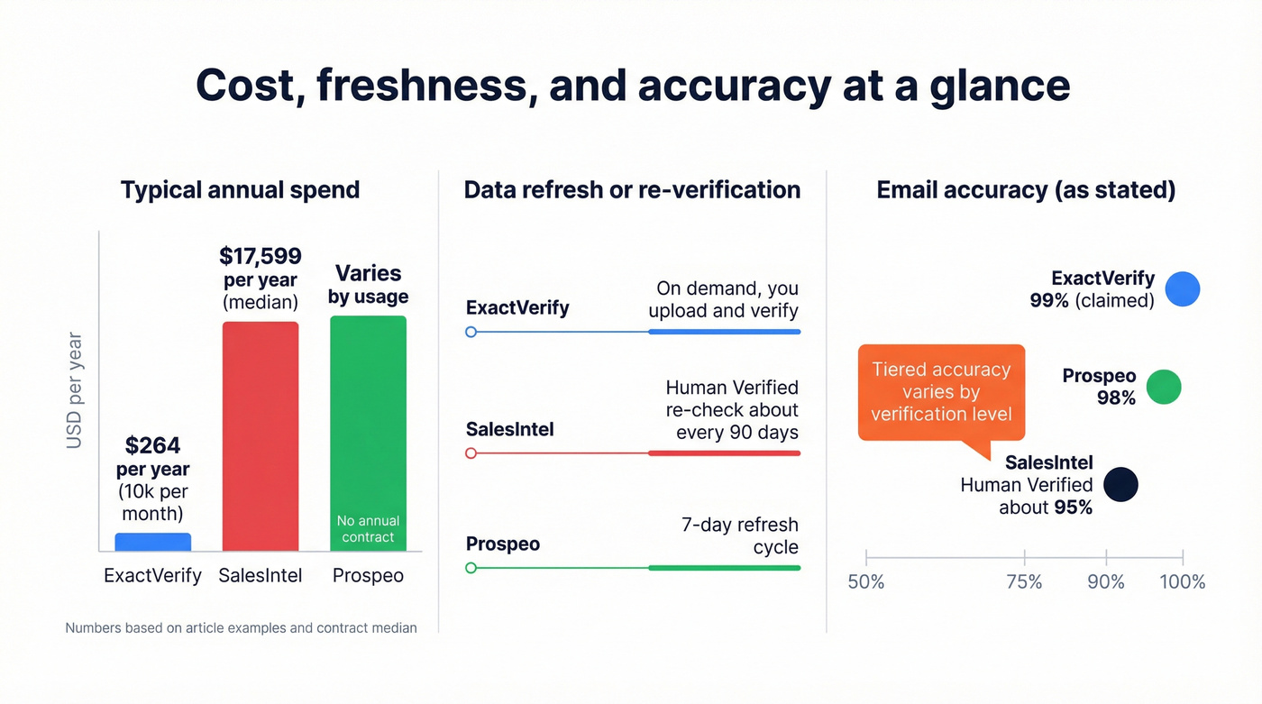 Cost and value snapshot comparing annual cost, refresh, and accuracy