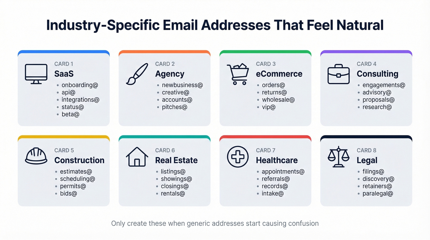 Industry-specific email addresses shown as categorized cards