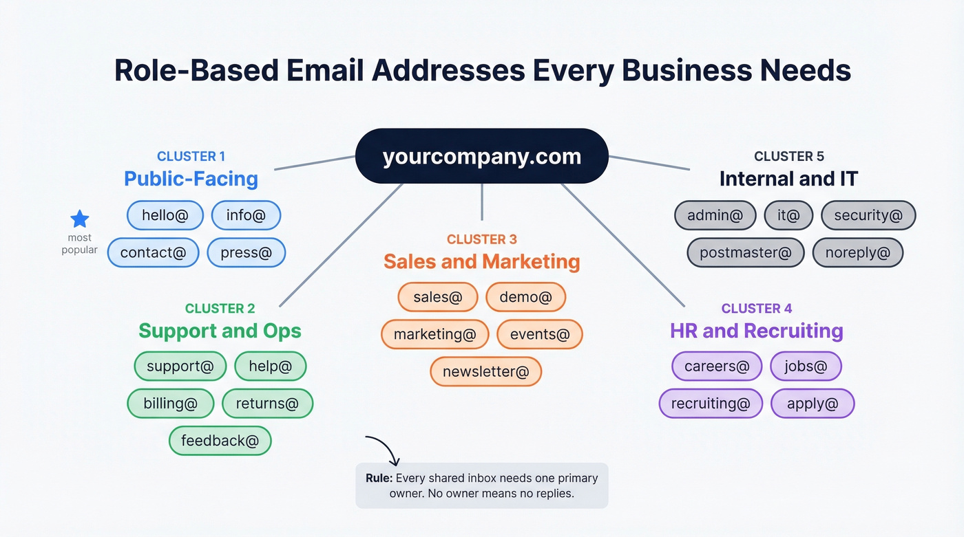 Role-based email addresses organized by business function