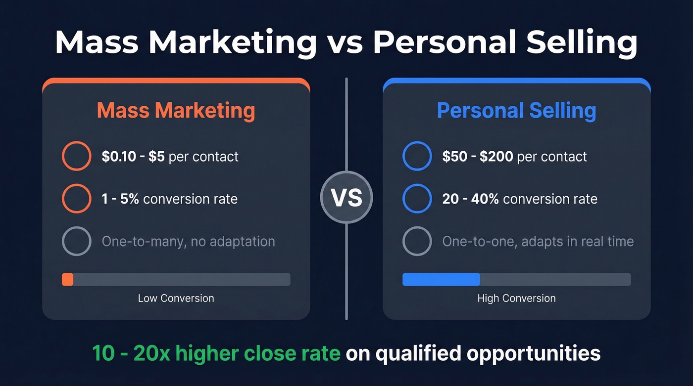 Mass marketing vs personal selling cost and conversion comparison