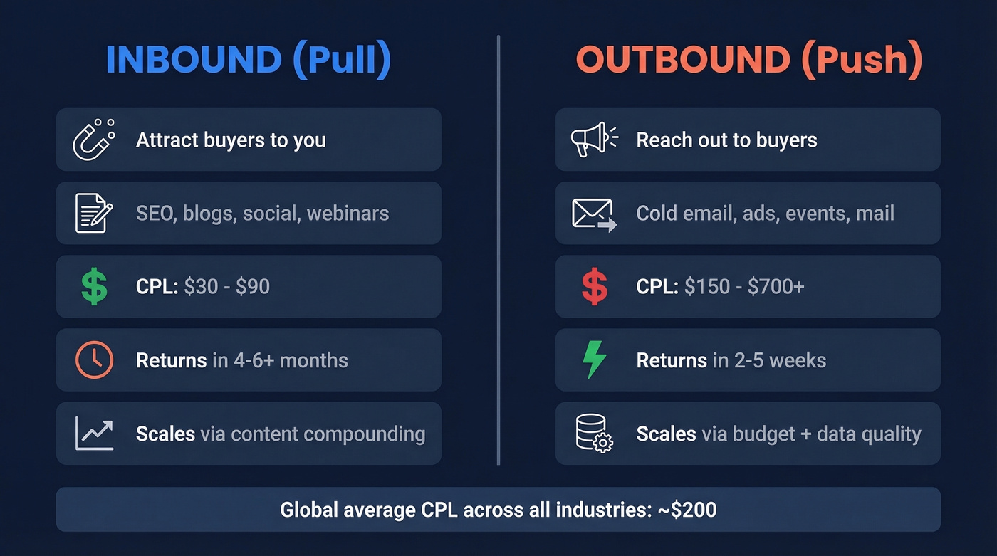 Inbound vs outbound marketing side-by-side comparison diagram