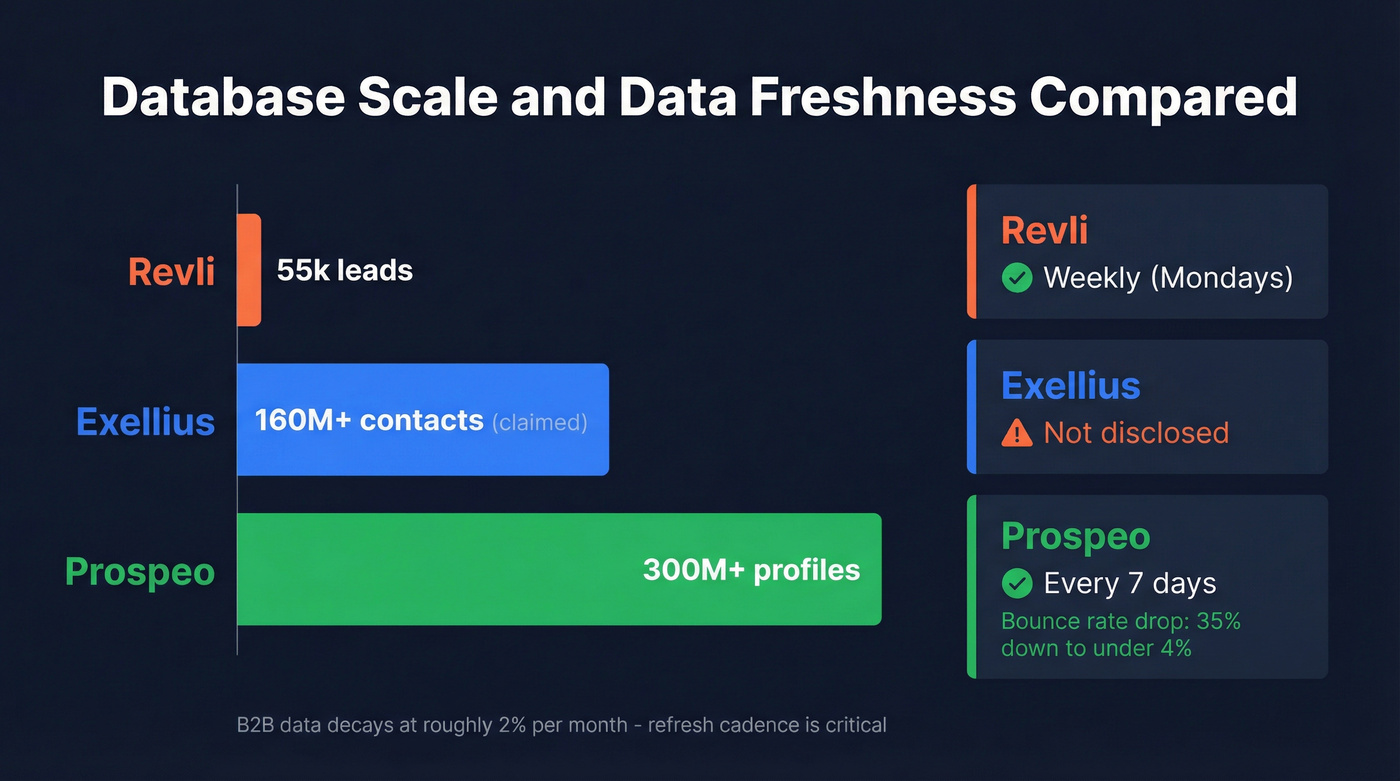 Three-way database scale and freshness comparison chart