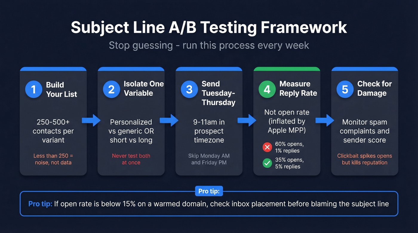 Five-step subject line A/B testing framework flowchart