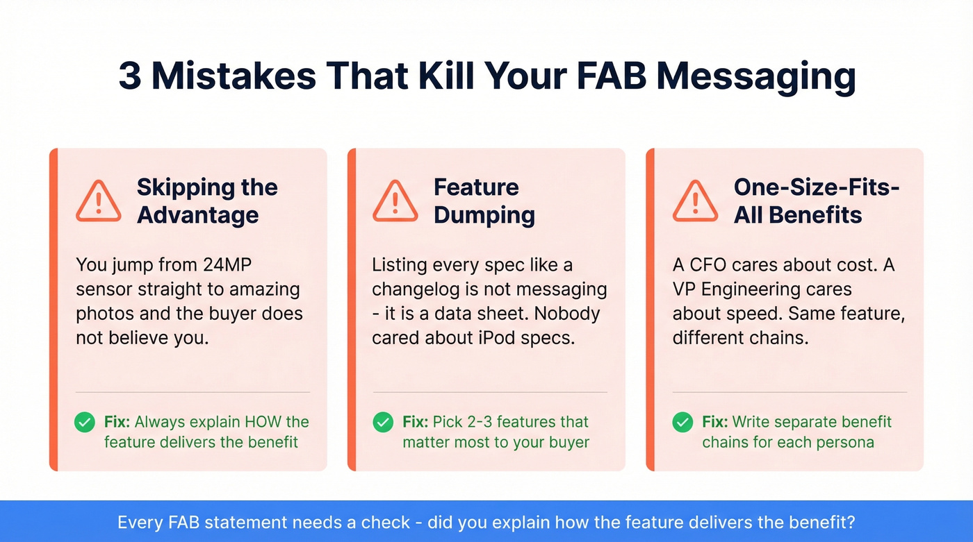 Three common FAB mistakes shown as warning cards with fixes
