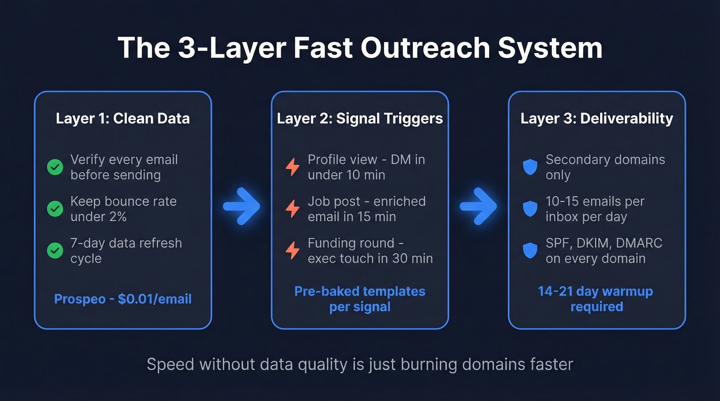 Three-layer outreach system showing data, signals, and deliverability
