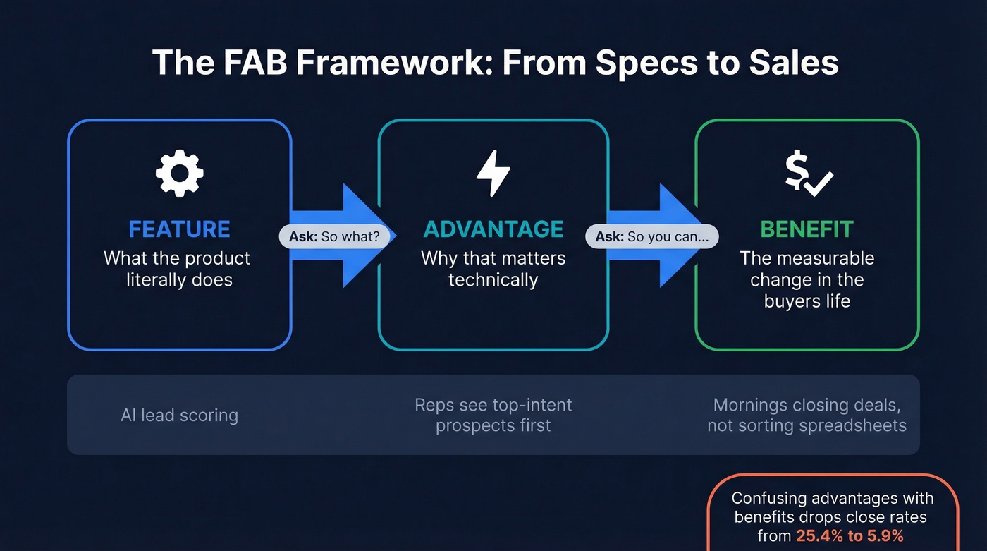 FAB framework flow from feature to advantage to benefit