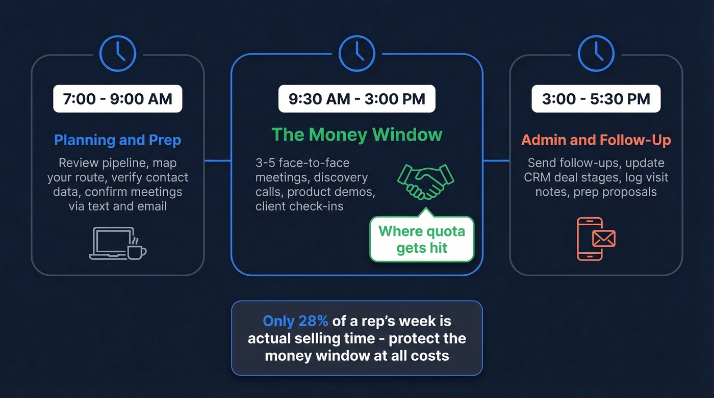 Field sales rep daily schedule timeline visualization