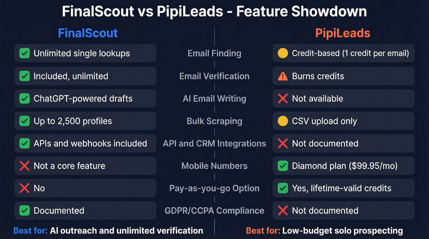 FinalScout vs PipiLeads feature comparison diagram