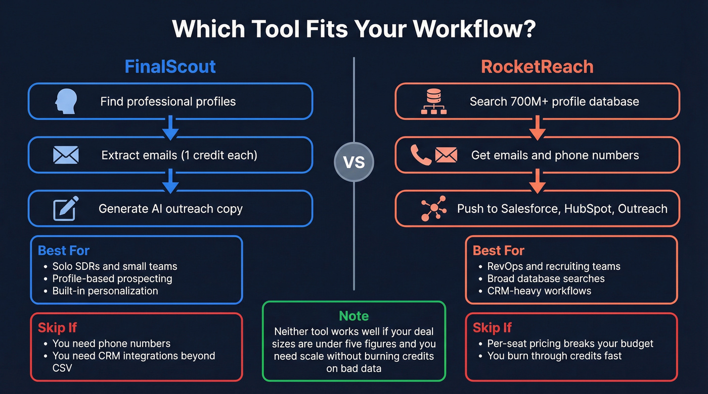 FinalScout vs RocketReach ideal user workflow diagram