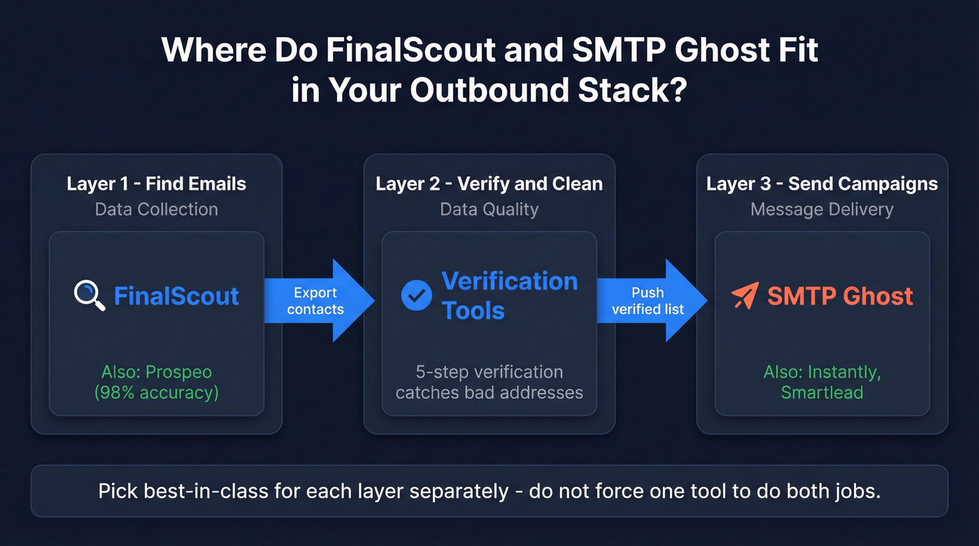 Outbound stack layers showing where FinalScout and SMTP Ghost fit