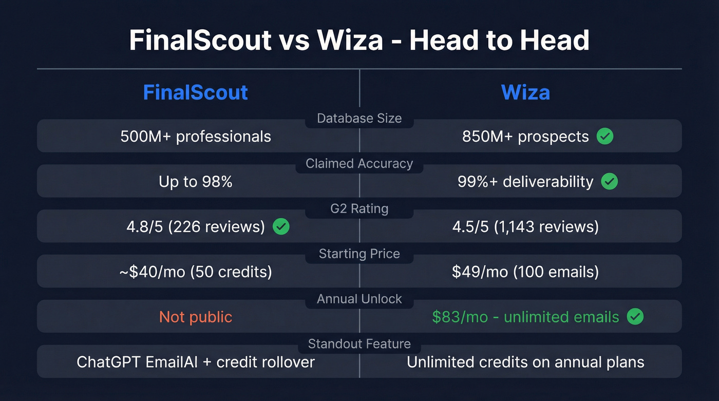 FinalScout vs Wiza head-to-head feature comparison diagram