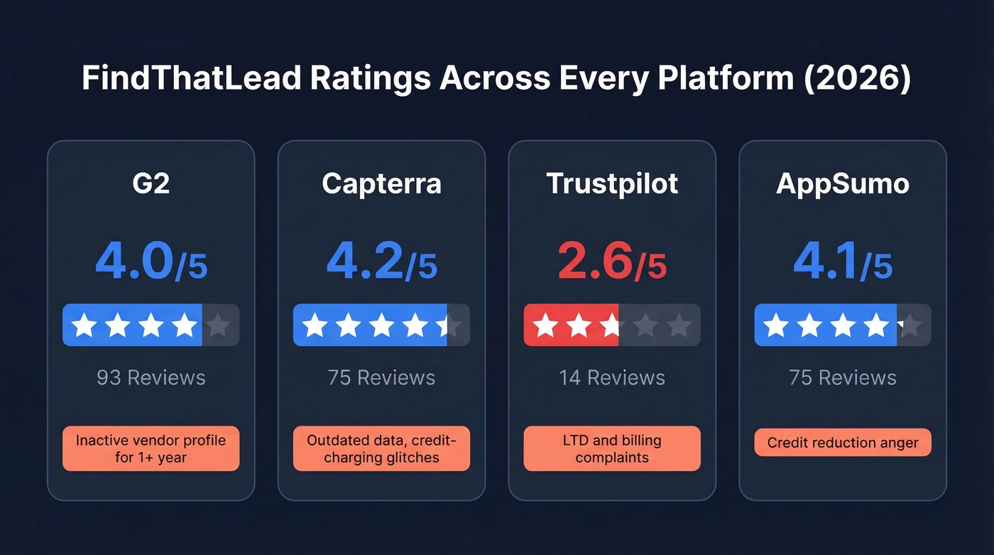 FindThatLead ratings comparison across G2 Capterra Trustpilot AppSumo