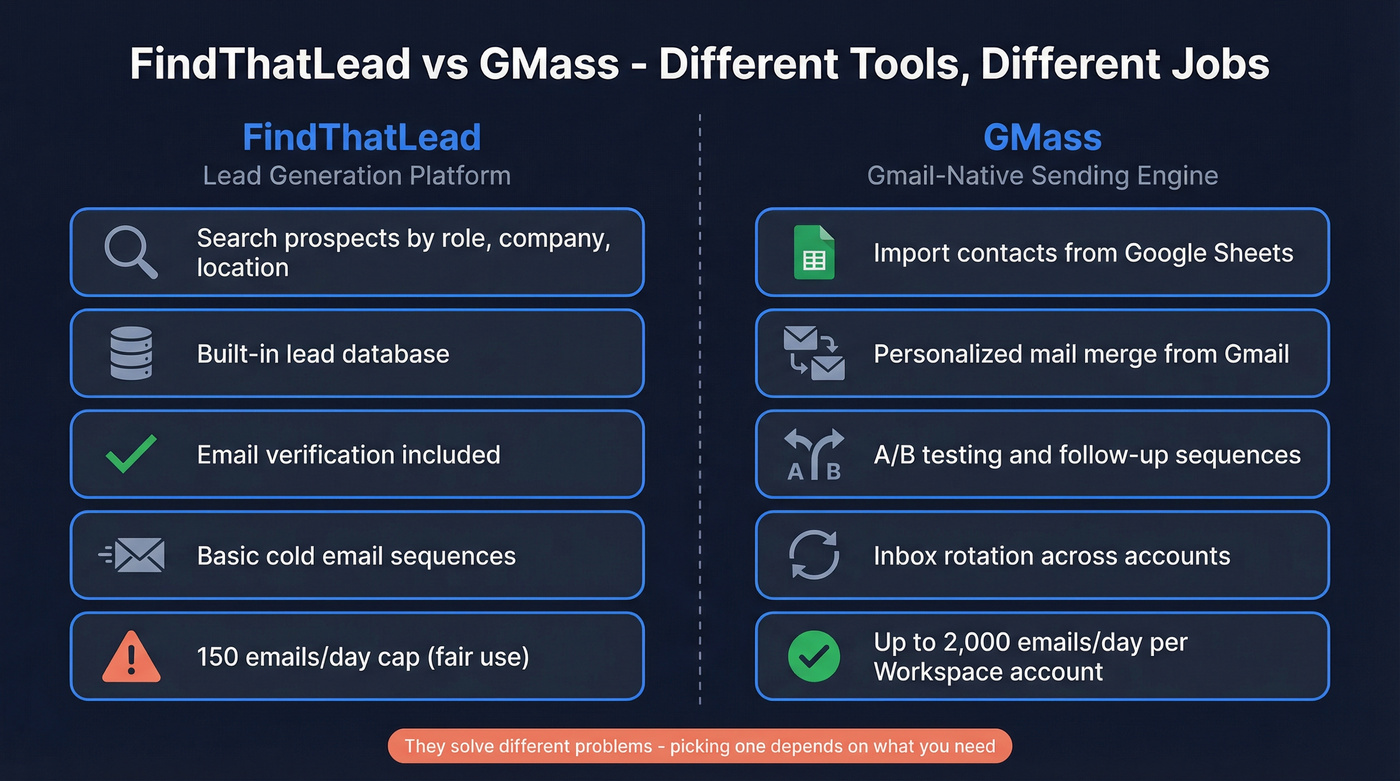FindThatLead vs GMass core function comparison diagram