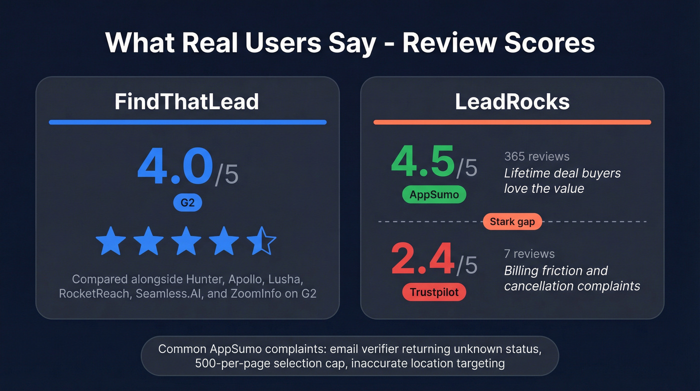 User review scores for FindThatLead and LeadRocks across platforms