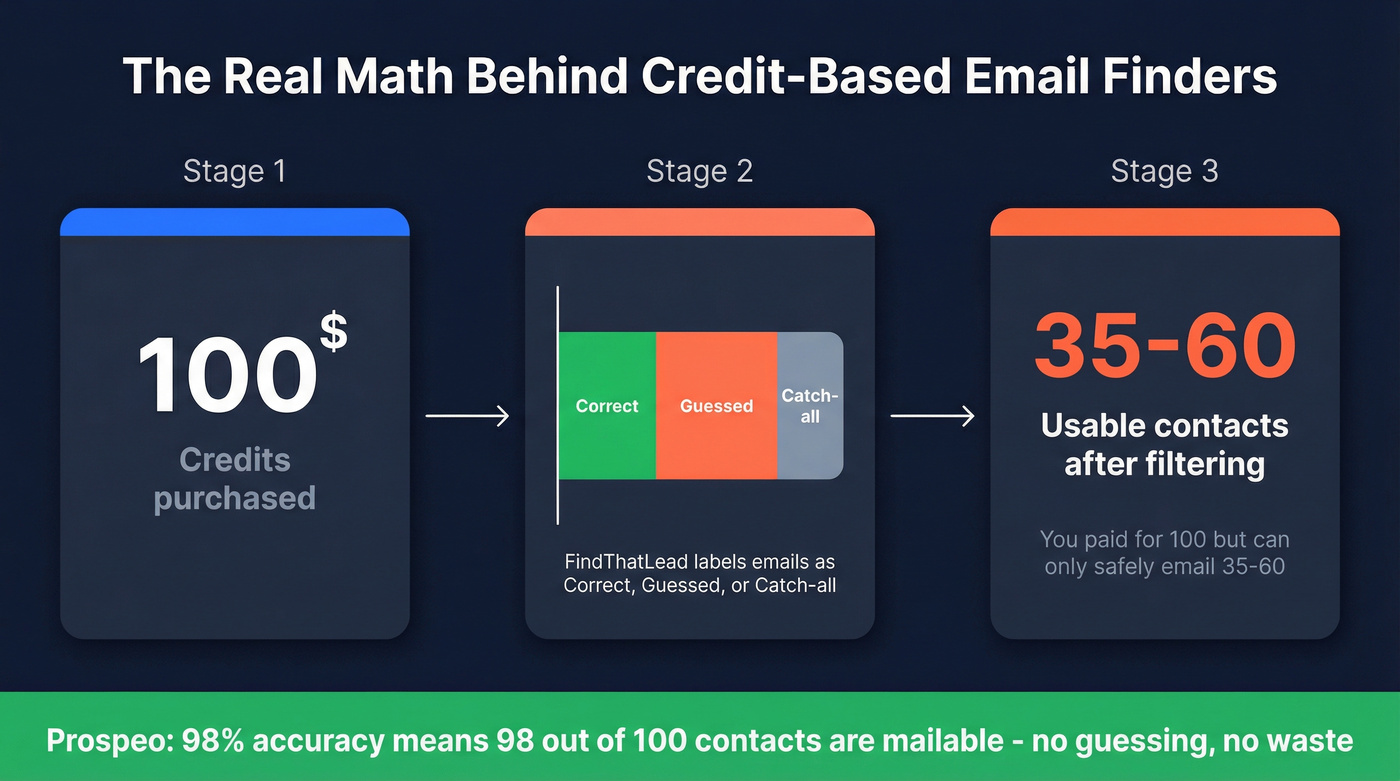 FindThatLead credit waste math showing usable output percentage