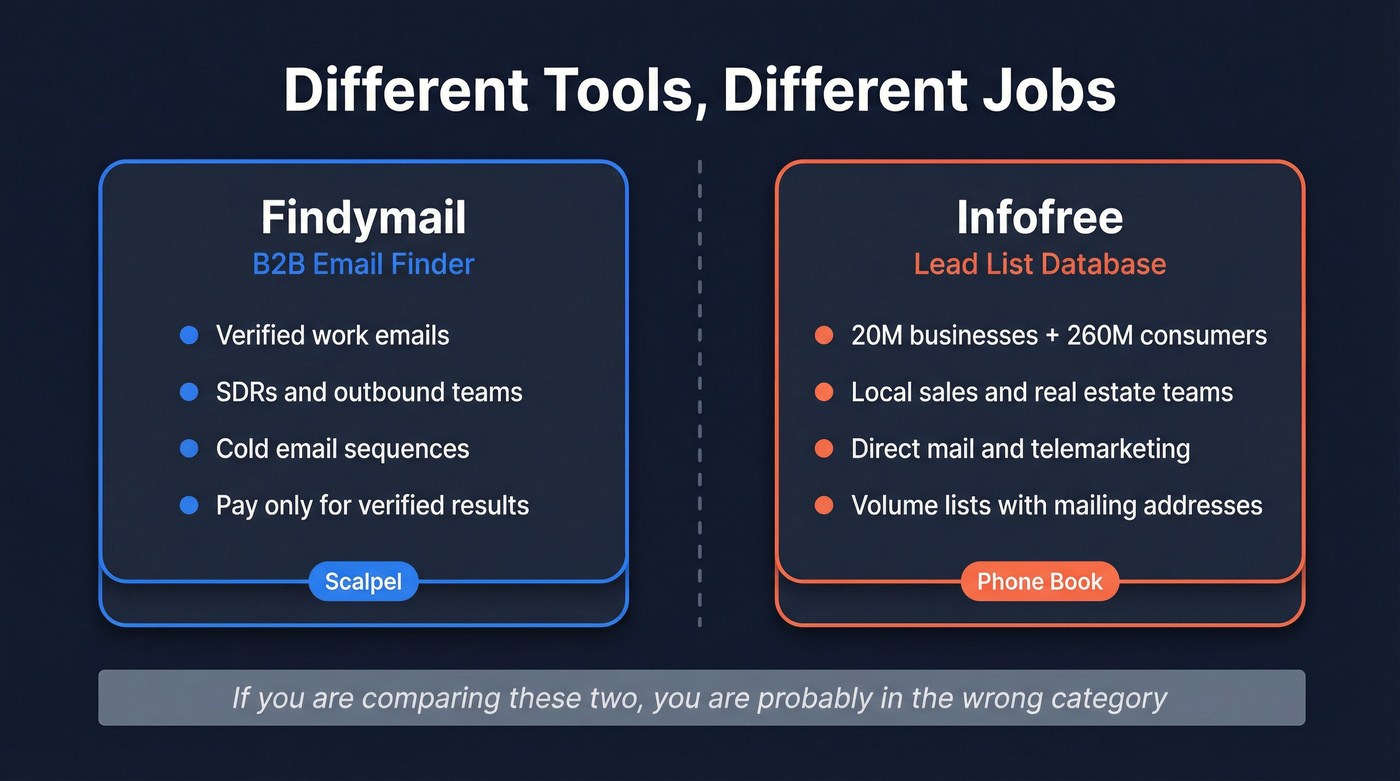 Findymail vs Infofree category comparison showing different use cases