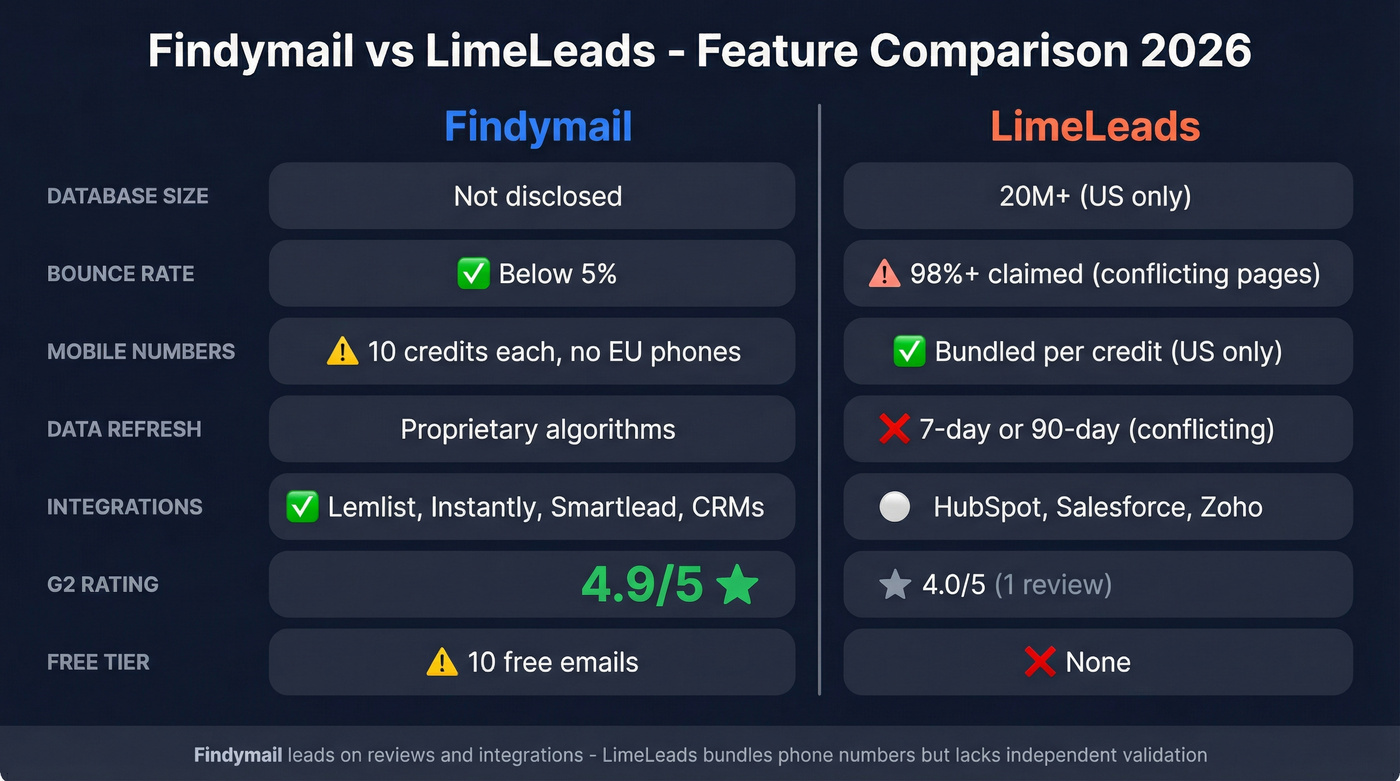 Findymail vs LimeLeads feature comparison diagram