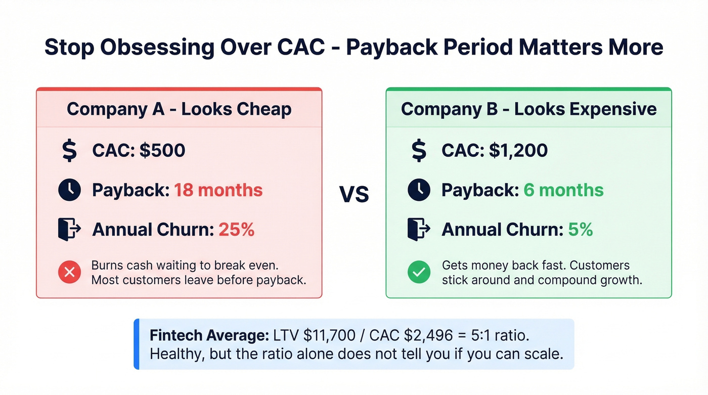 Fintech LTV CAC ratio and payback period comparison