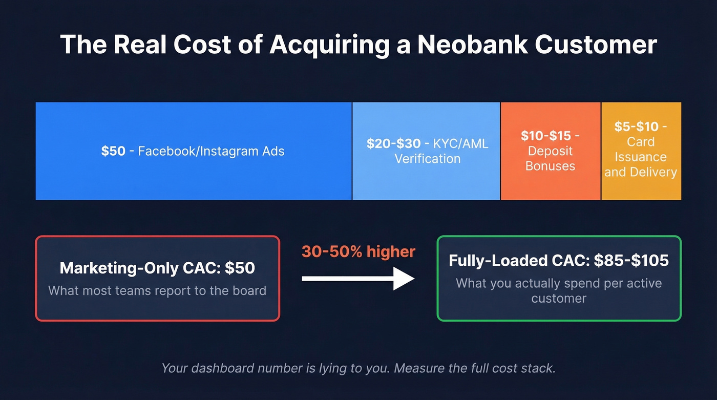 Neobank true CAC cost stack breakdown visualization