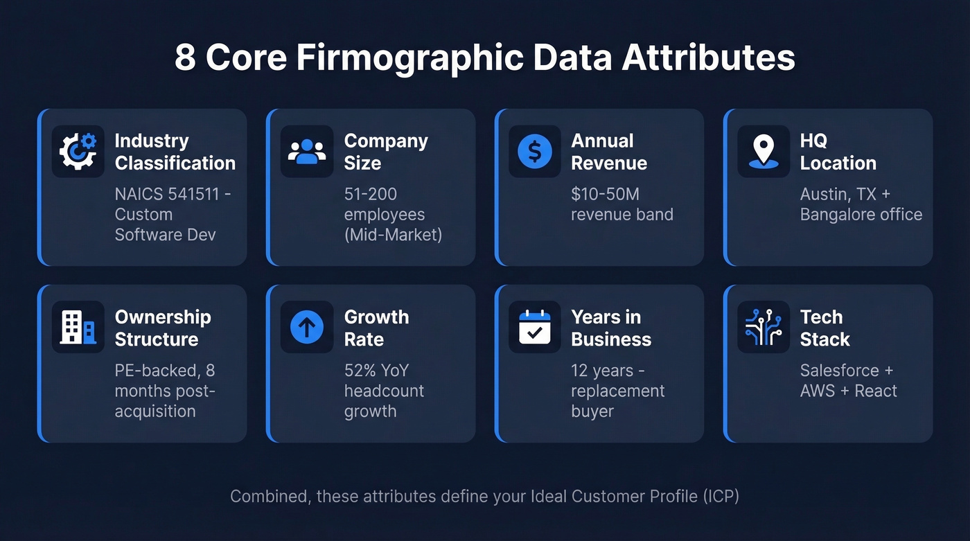Eight core firmographic data attribute types with examples