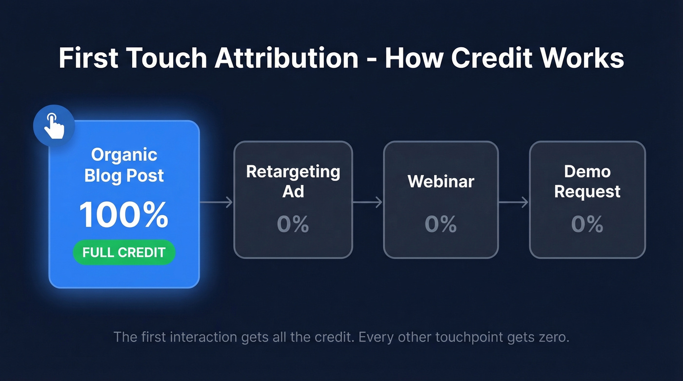 First touch attribution credit flow across four touchpoints