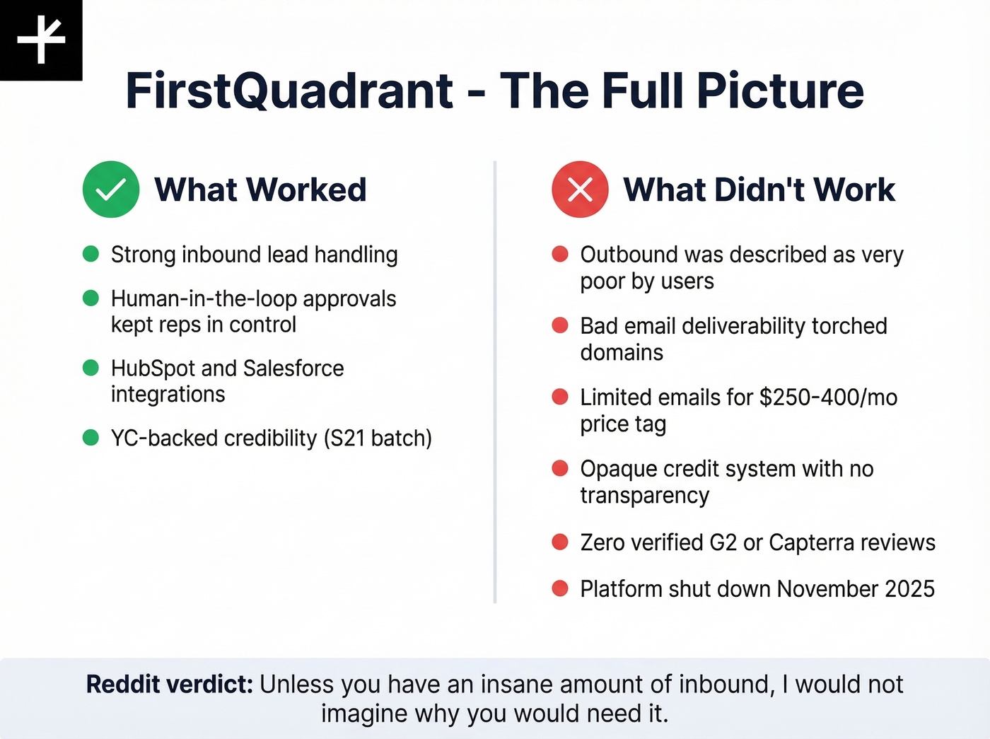FirstQuadrant pros and cons visual summary card