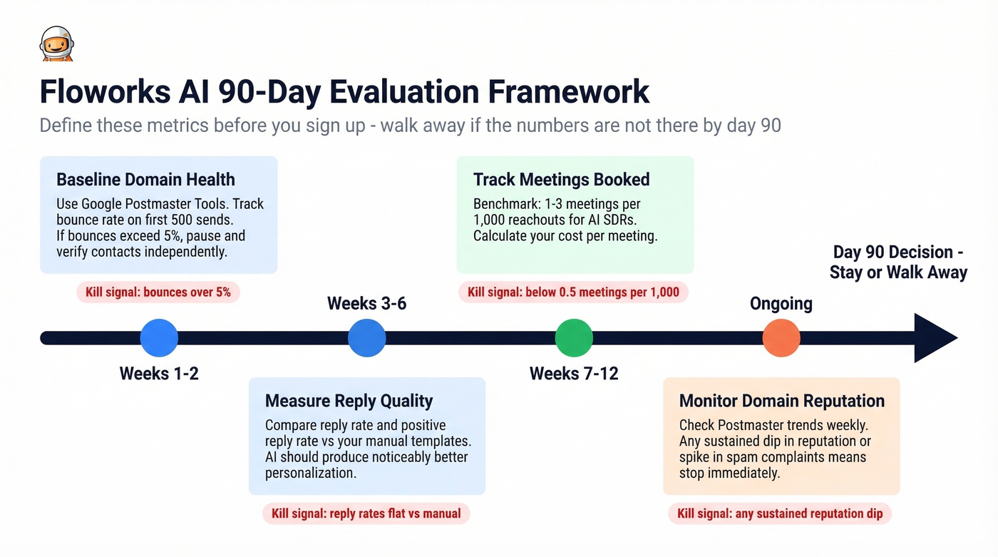 Floworks AI 90-day evaluation timeline with milestones