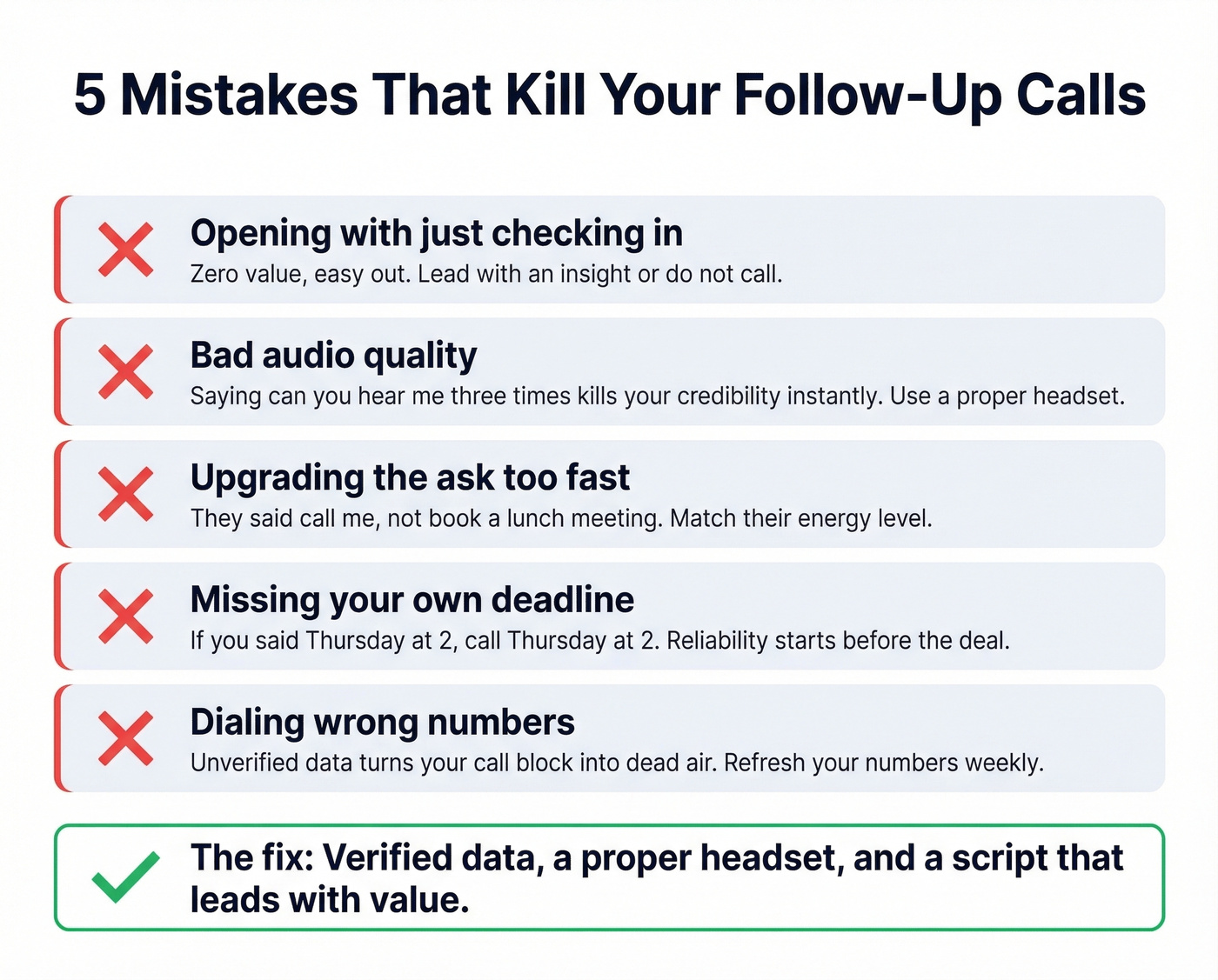 Five follow-up call mistakes with warning icons