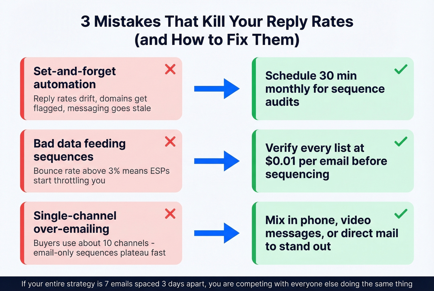 Three common follow-up mistakes with fixes shown as a visual checklist