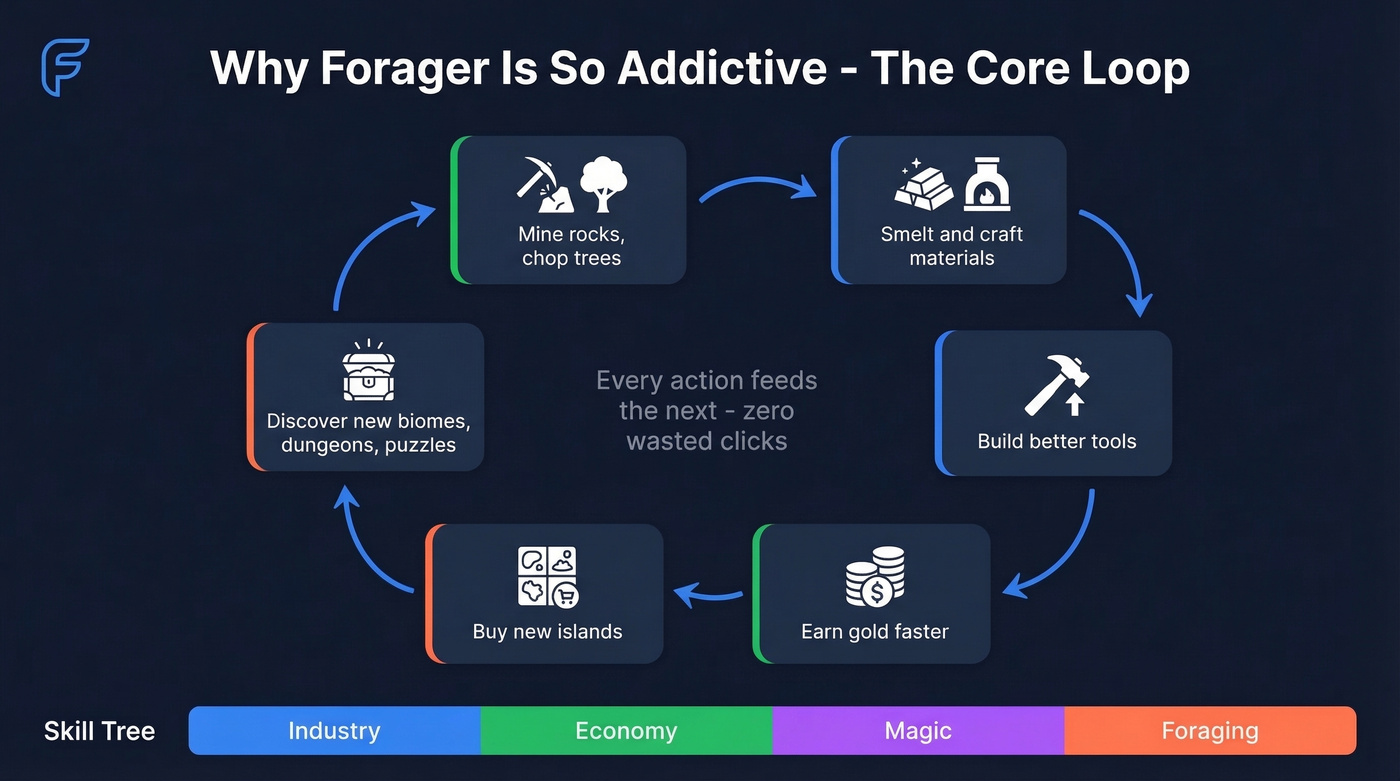 Forager core gameplay loop diagram showing addictive cycle