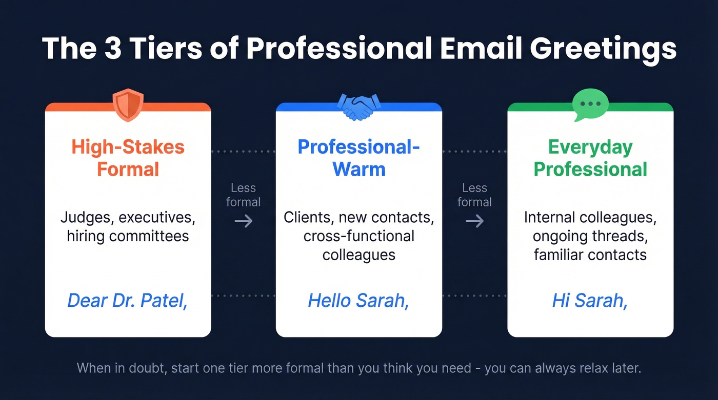 Three tiers of professional email salutation formality