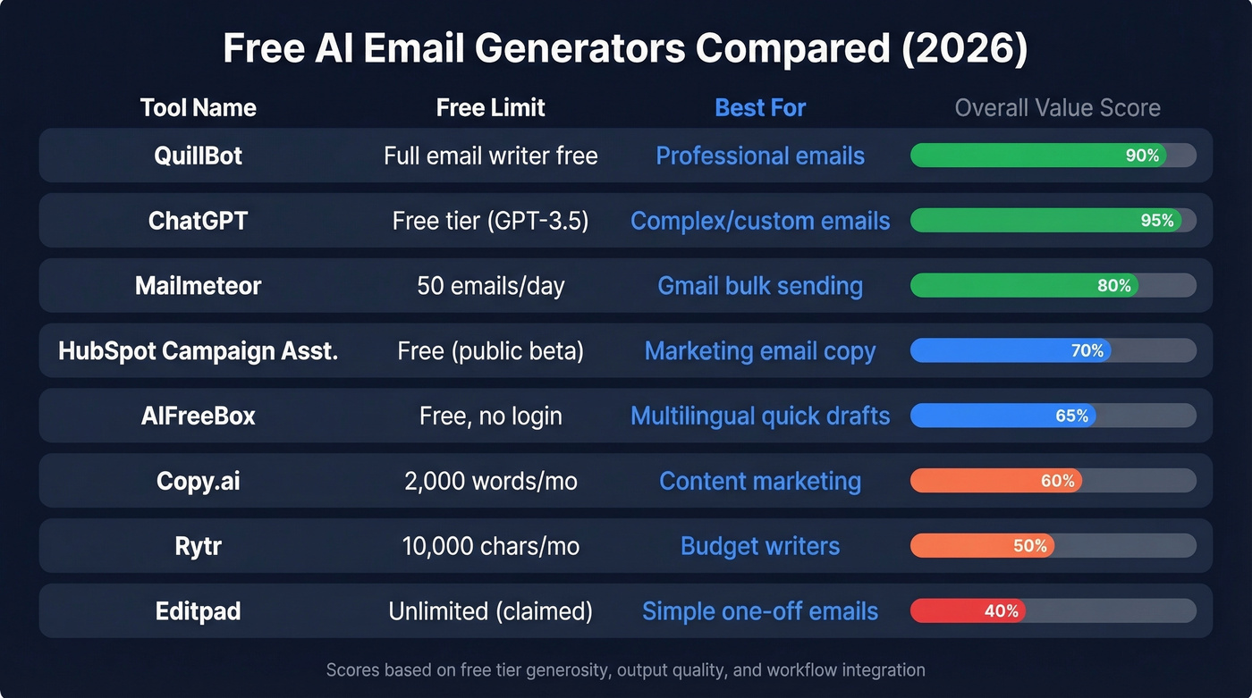 Comparison chart of 8 free AI email generators
