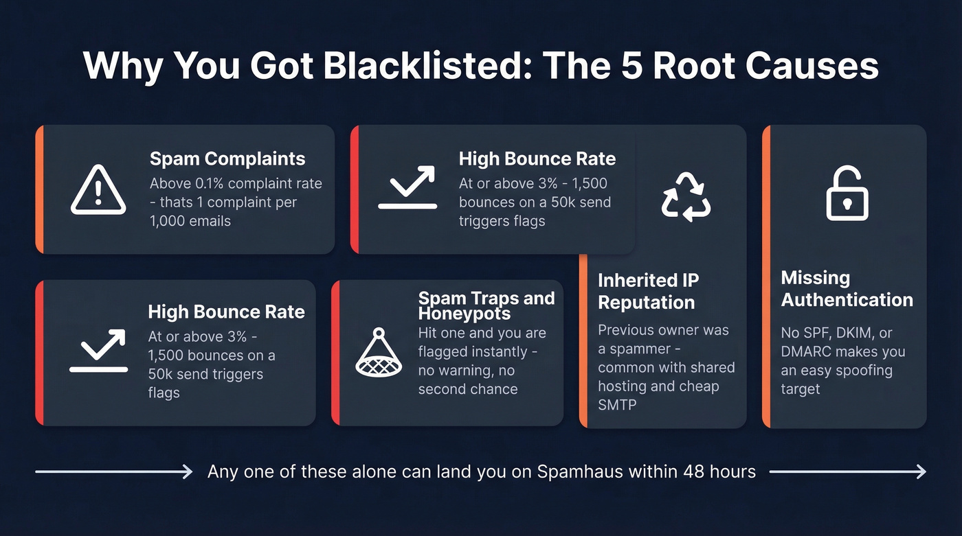 Root causes of email blacklisting with threshold numbers
