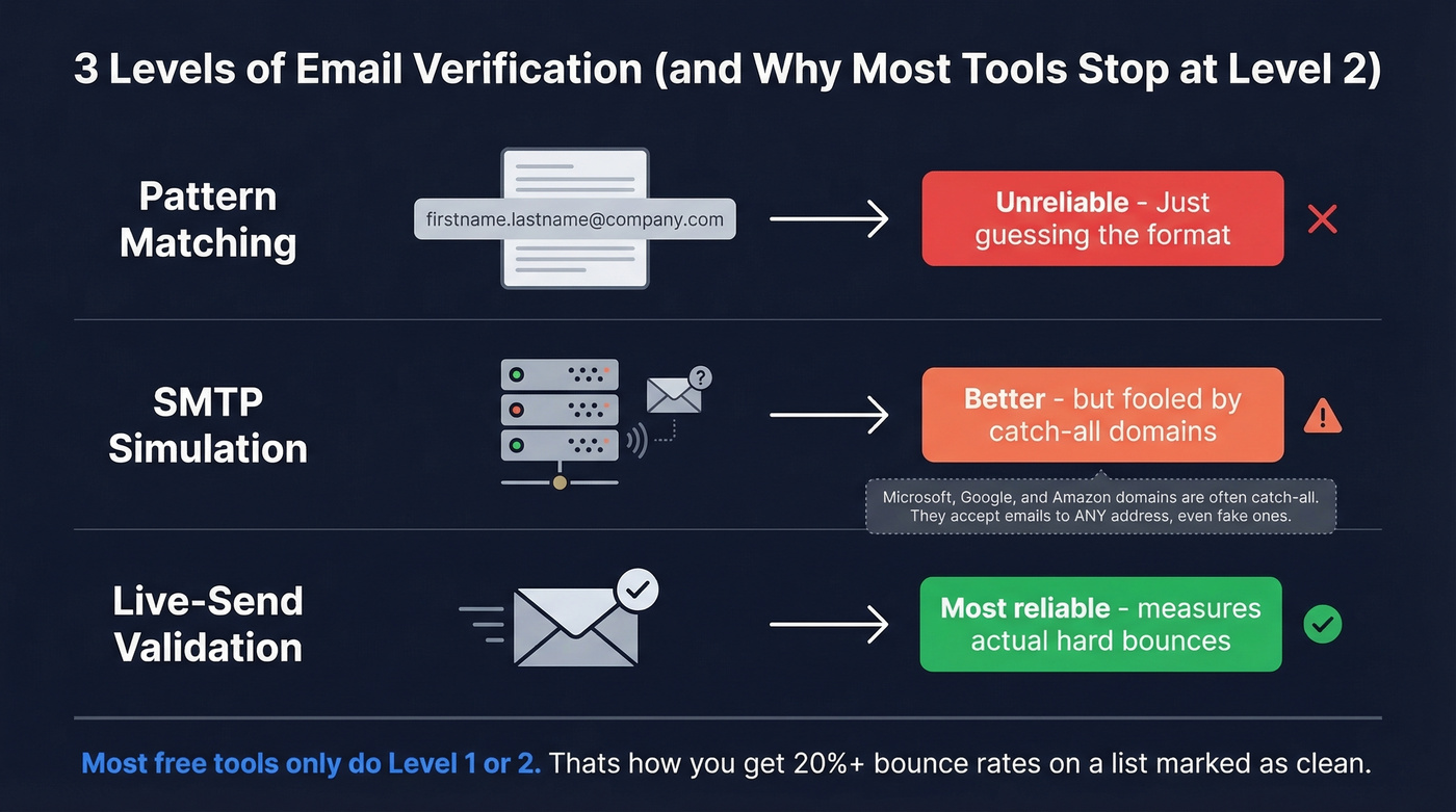 Three email verification methods compared with reliability levels