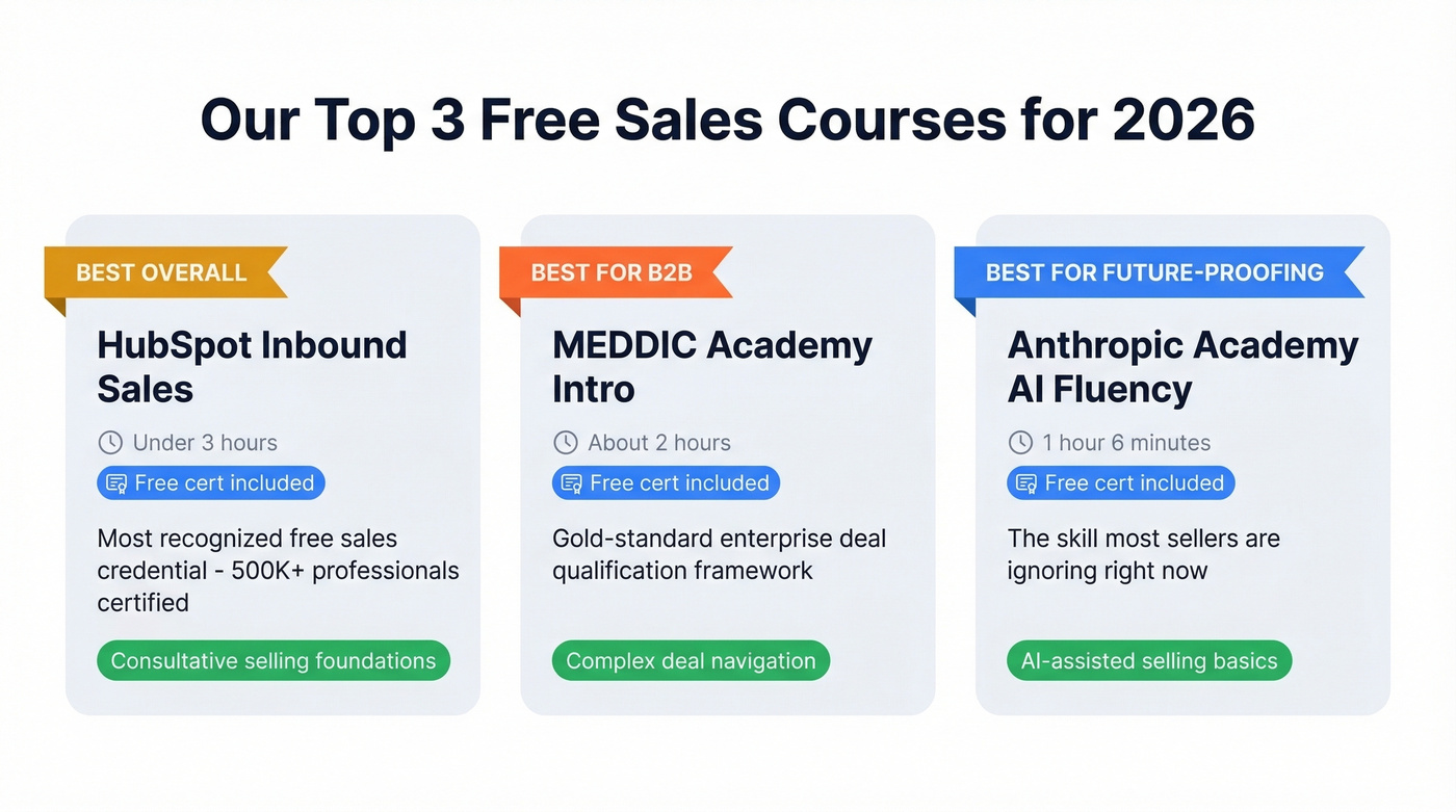 Top three free sales courses highlighted with key details
