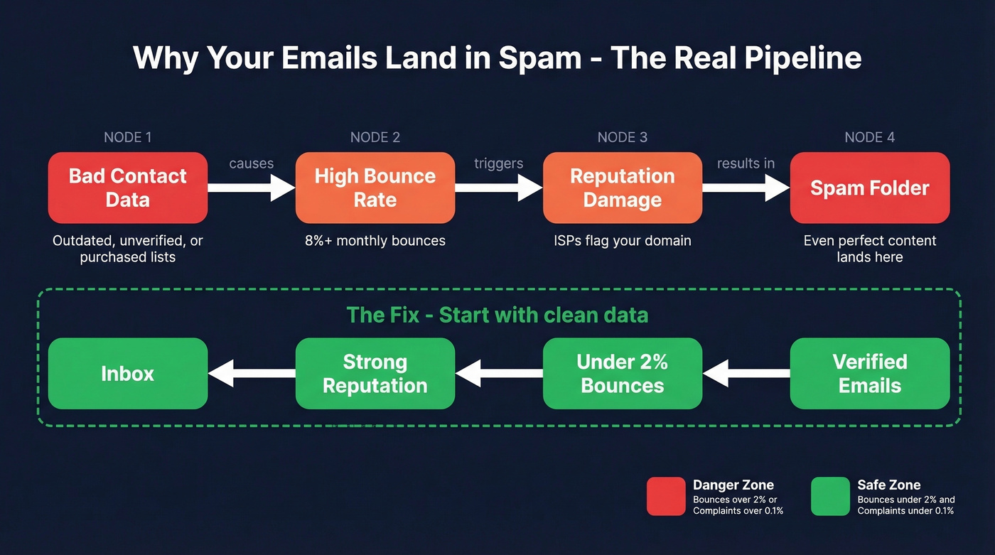 Flow chart showing how bad data causes spam folder placement