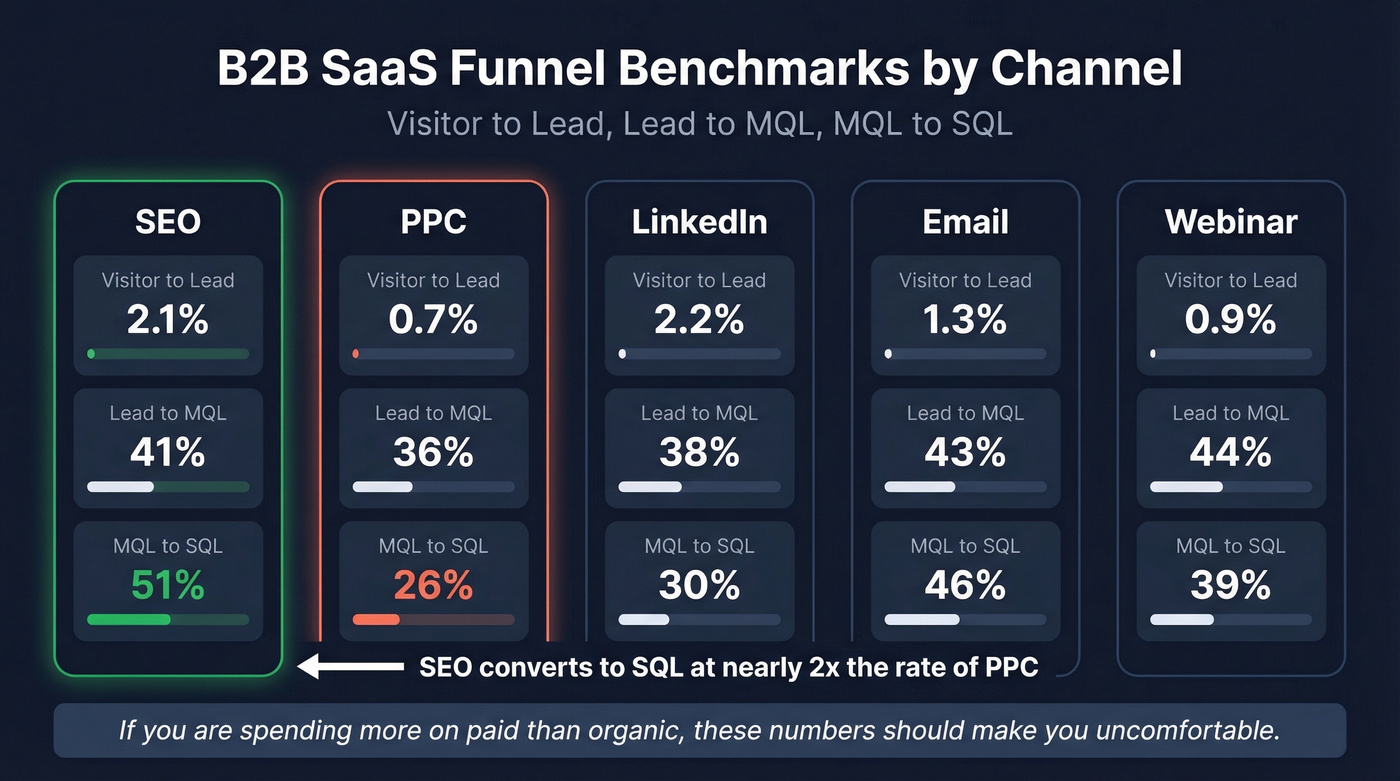 B2B SaaS channel benchmarks showing SEO vs PPC conversion gap