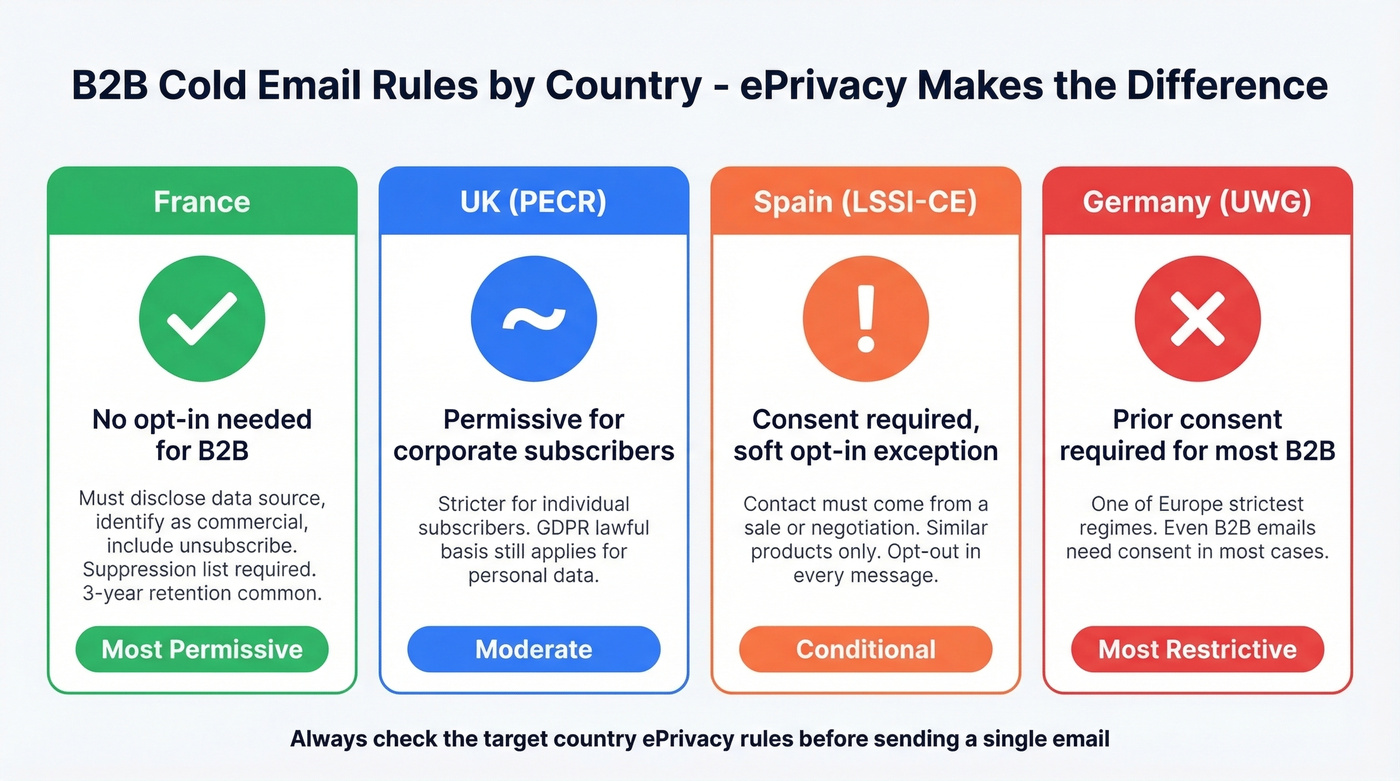 EU country comparison of B2B cold email rules