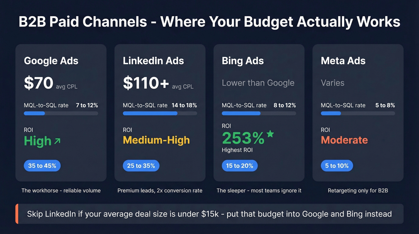 B2B paid channel comparison showing CPL, conversion rates, and ROI
