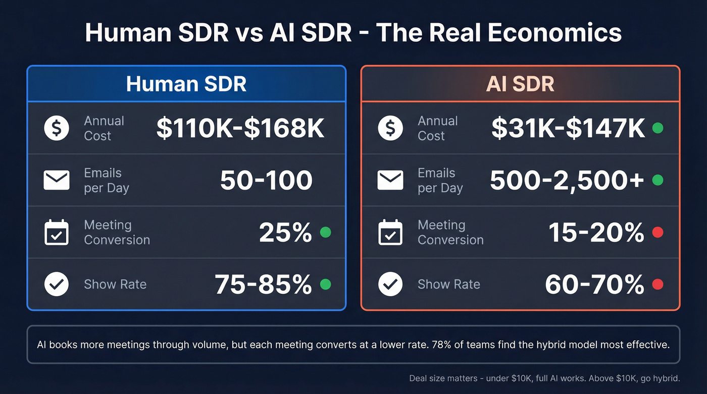 Human SDR vs AI SDR cost and performance comparison