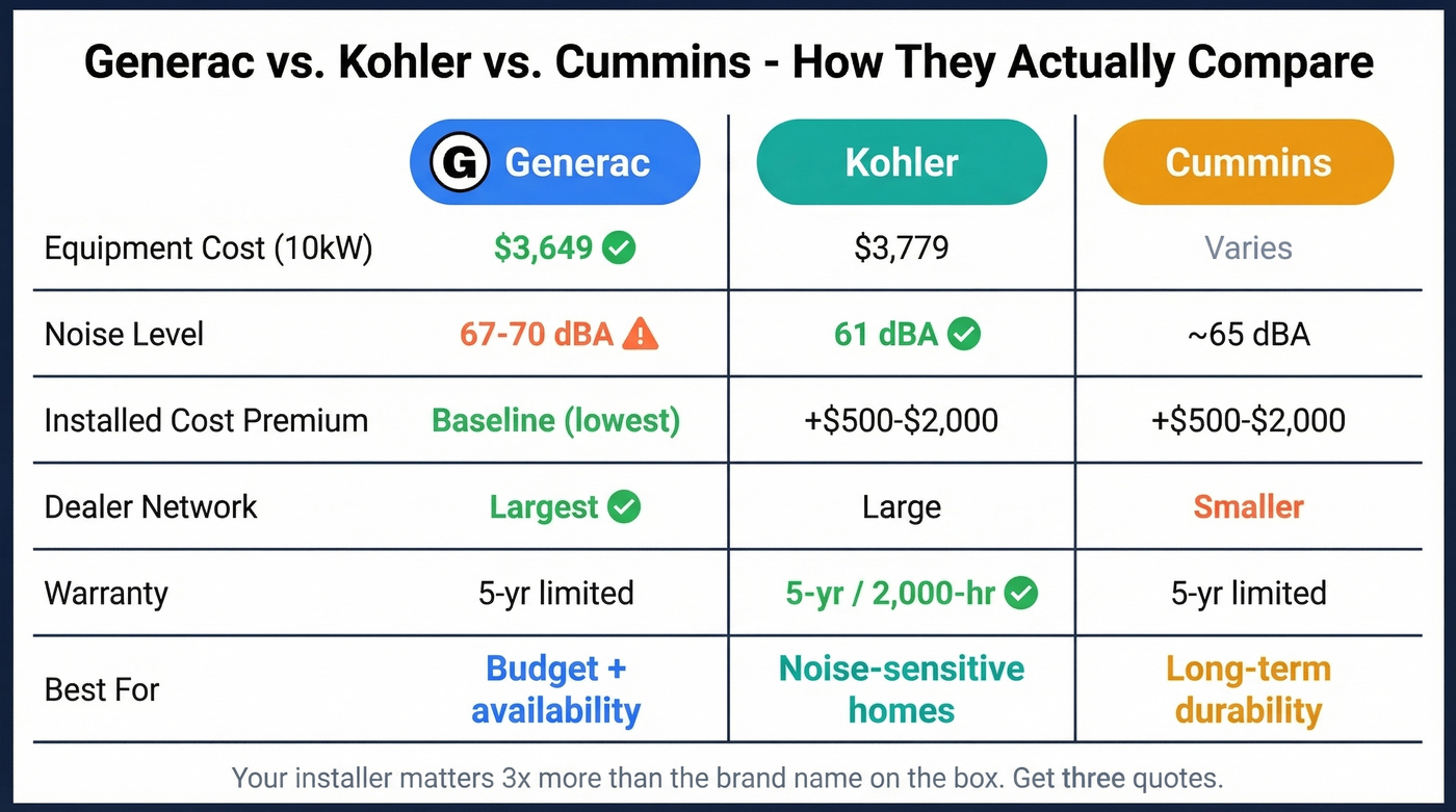 Generac vs Kohler vs Cummins head-to-head comparison