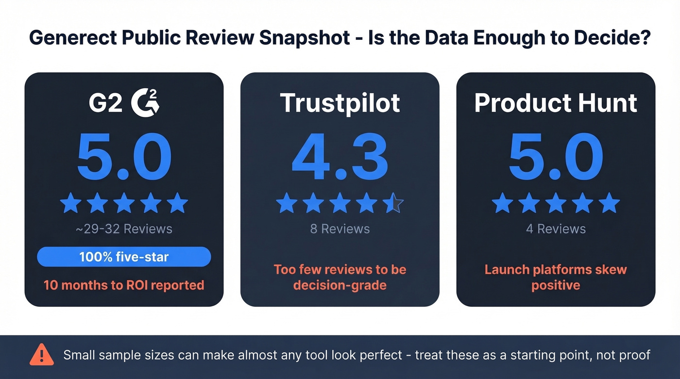 Generect review scores across G2 Trustpilot and Product Hunt