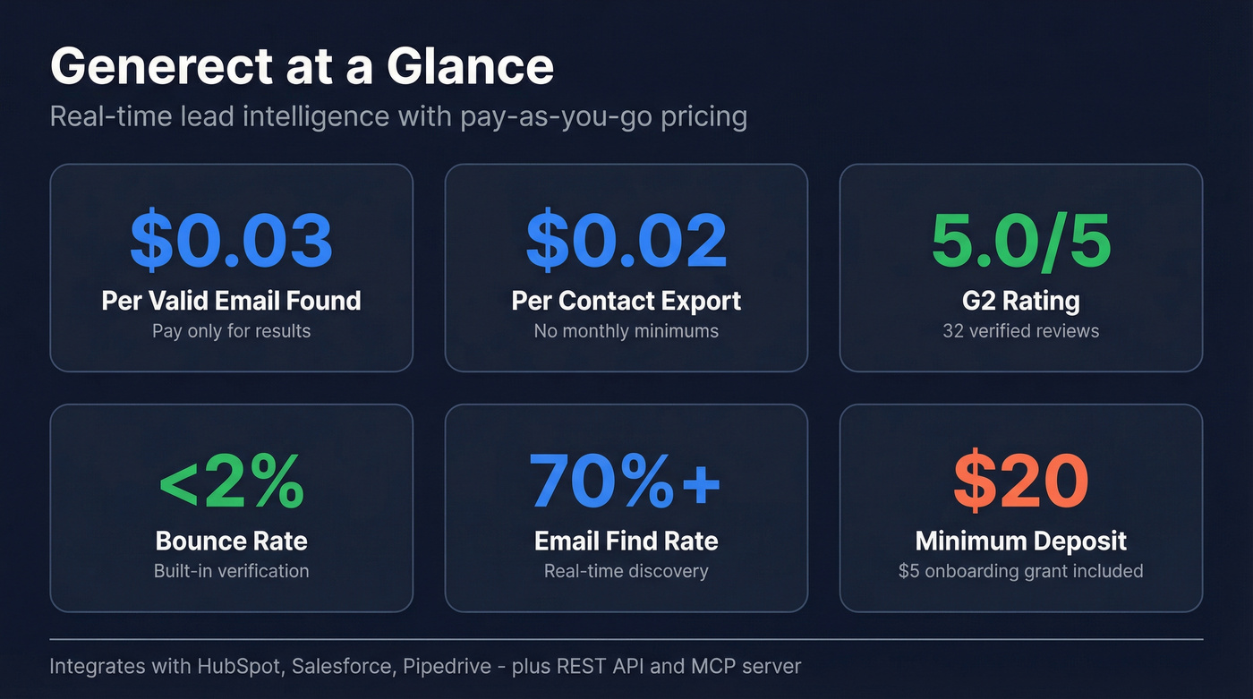 Generect key stats and pricing breakdown card