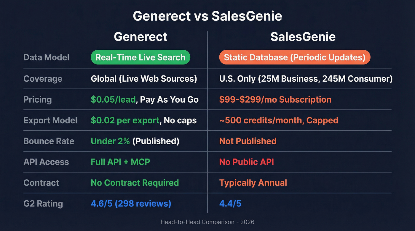 Generect vs SalesGenie head-to-head feature comparison diagram