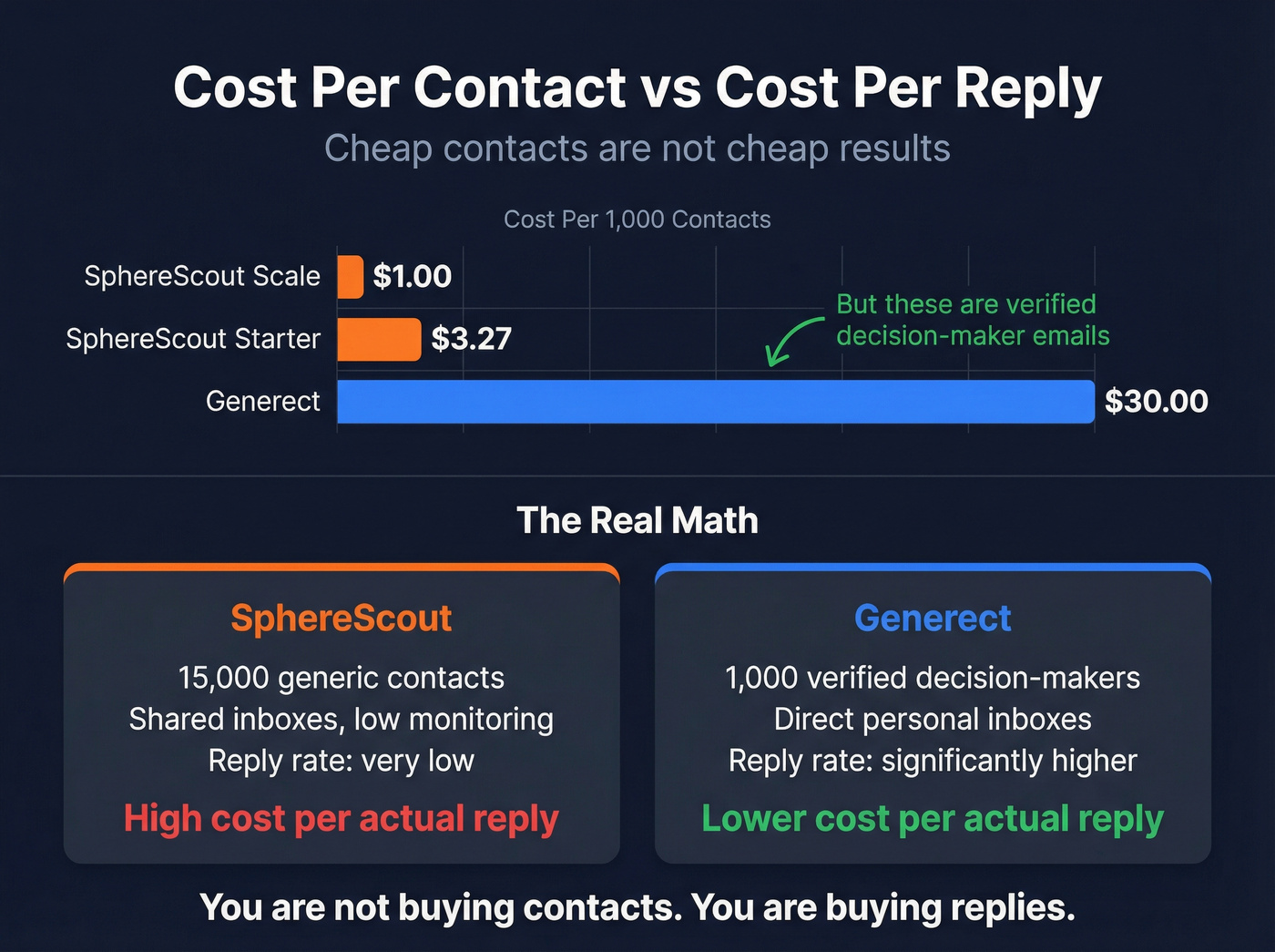 Pricing comparison showing cost per contact vs cost per reply
