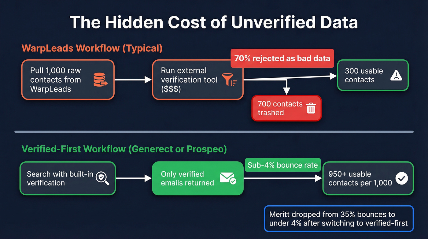 WarpLeads data waste funnel showing 70% loss rate