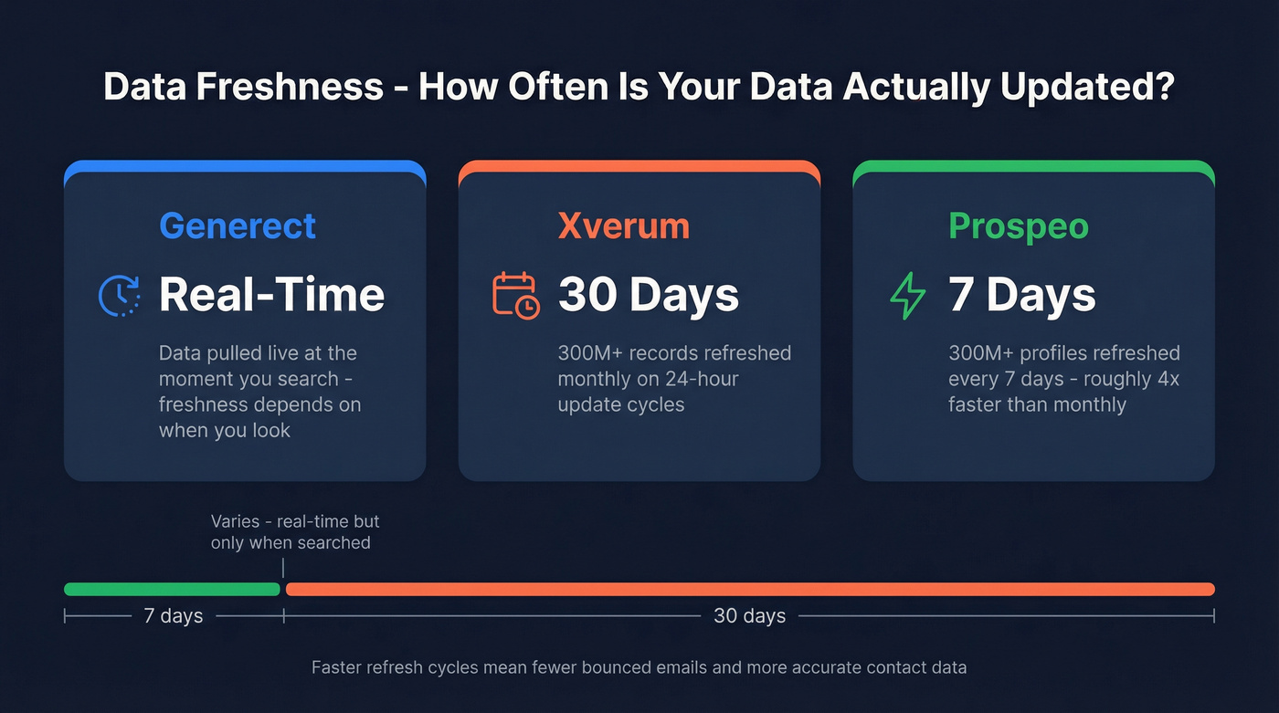 Data freshness comparison showing refresh cycles for all three tools