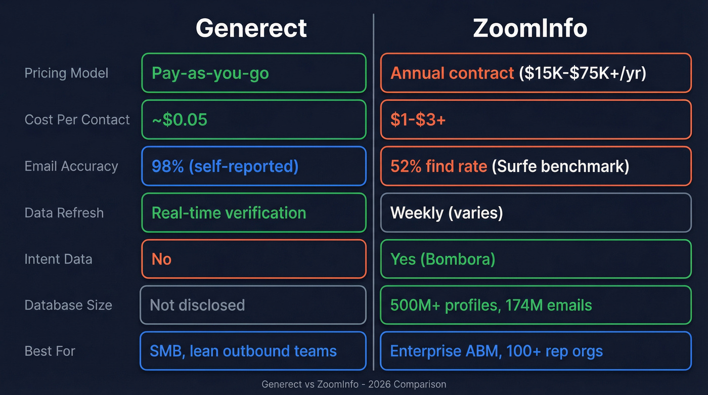 Generect vs ZoomInfo head-to-head feature comparison diagram