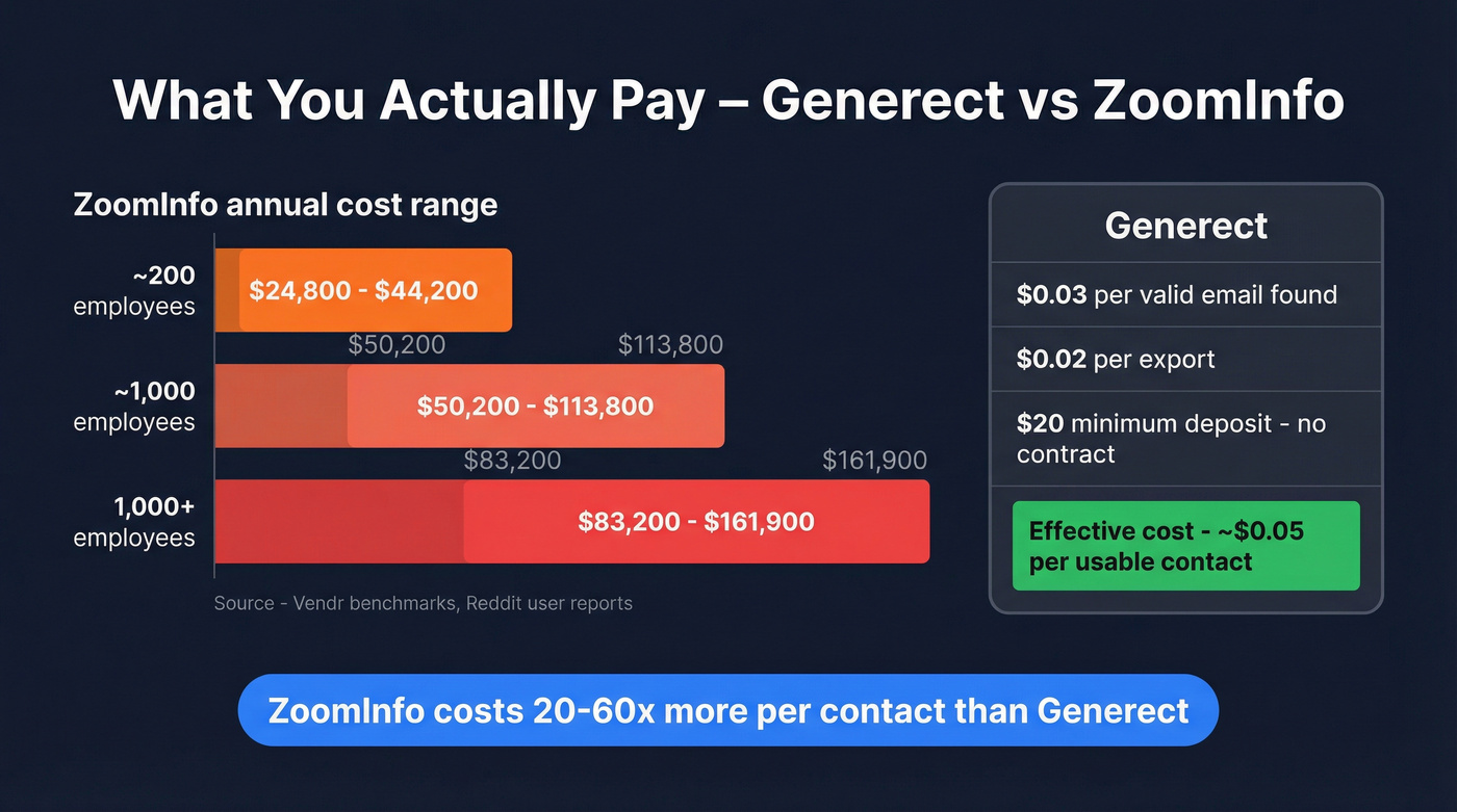 ZoomInfo vs Generect pricing by company size visualization