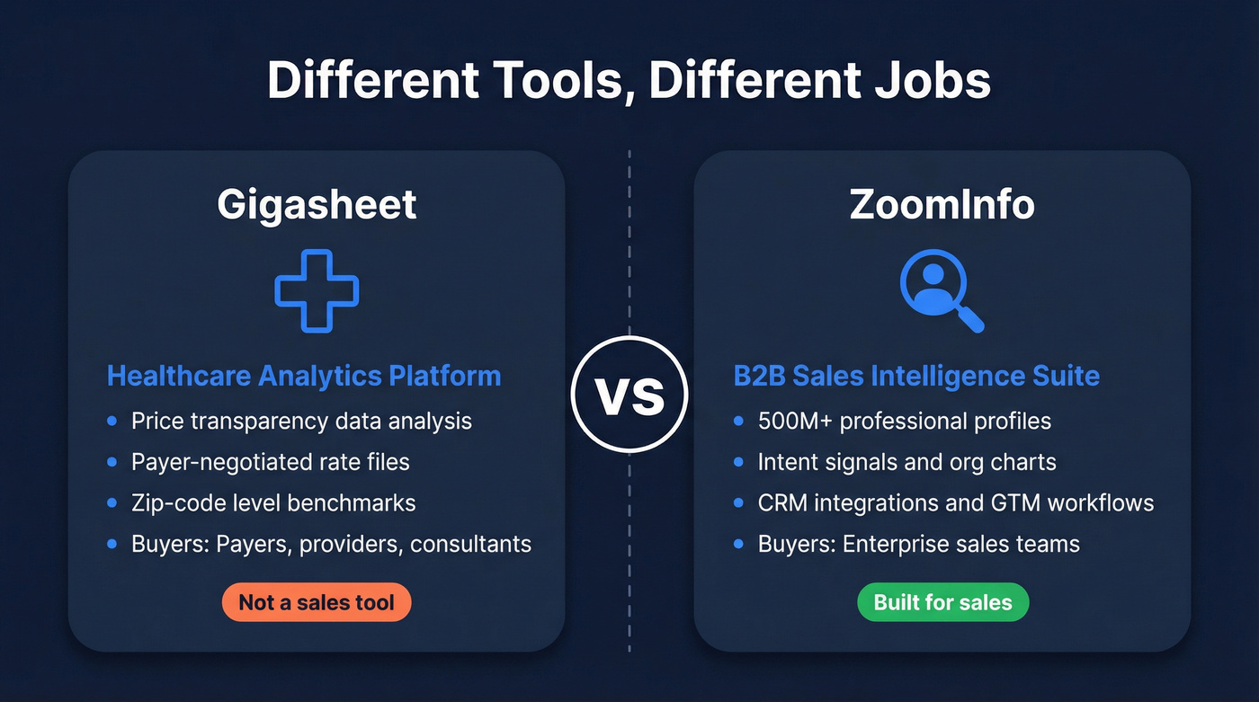 Gigasheet vs ZoomInfo category comparison showing different tool types
